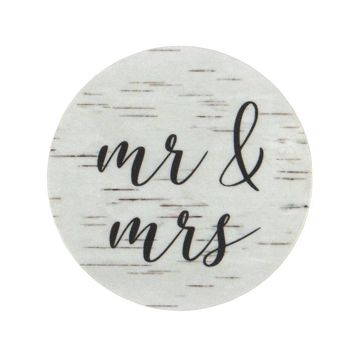 1 1/2" Birch Wood Mr. & Mrs. Round Printed Labels (1 pack)