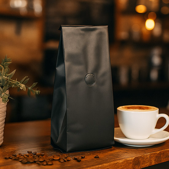 Matte Black Coffee Bags w/ Valve, 6-10oz, 3 1/8" x 2 3/8" x 10 1/4" (50 Pieces)